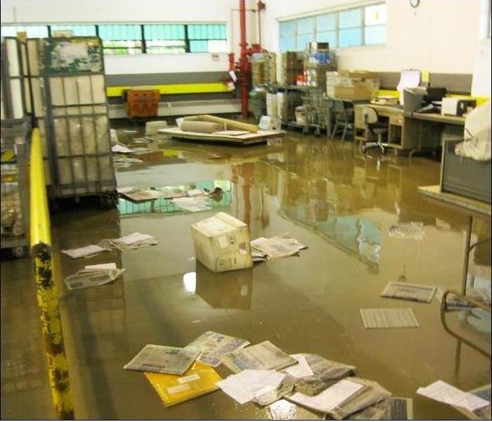 newspapers, debris and mail stuff on the flooded floor of a warehouse